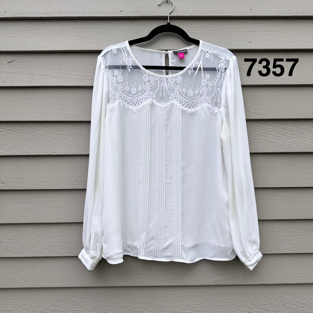 Vince Camuto Womens Large Ivory Lace Yoke Pintuck Long Sleeve Blouse